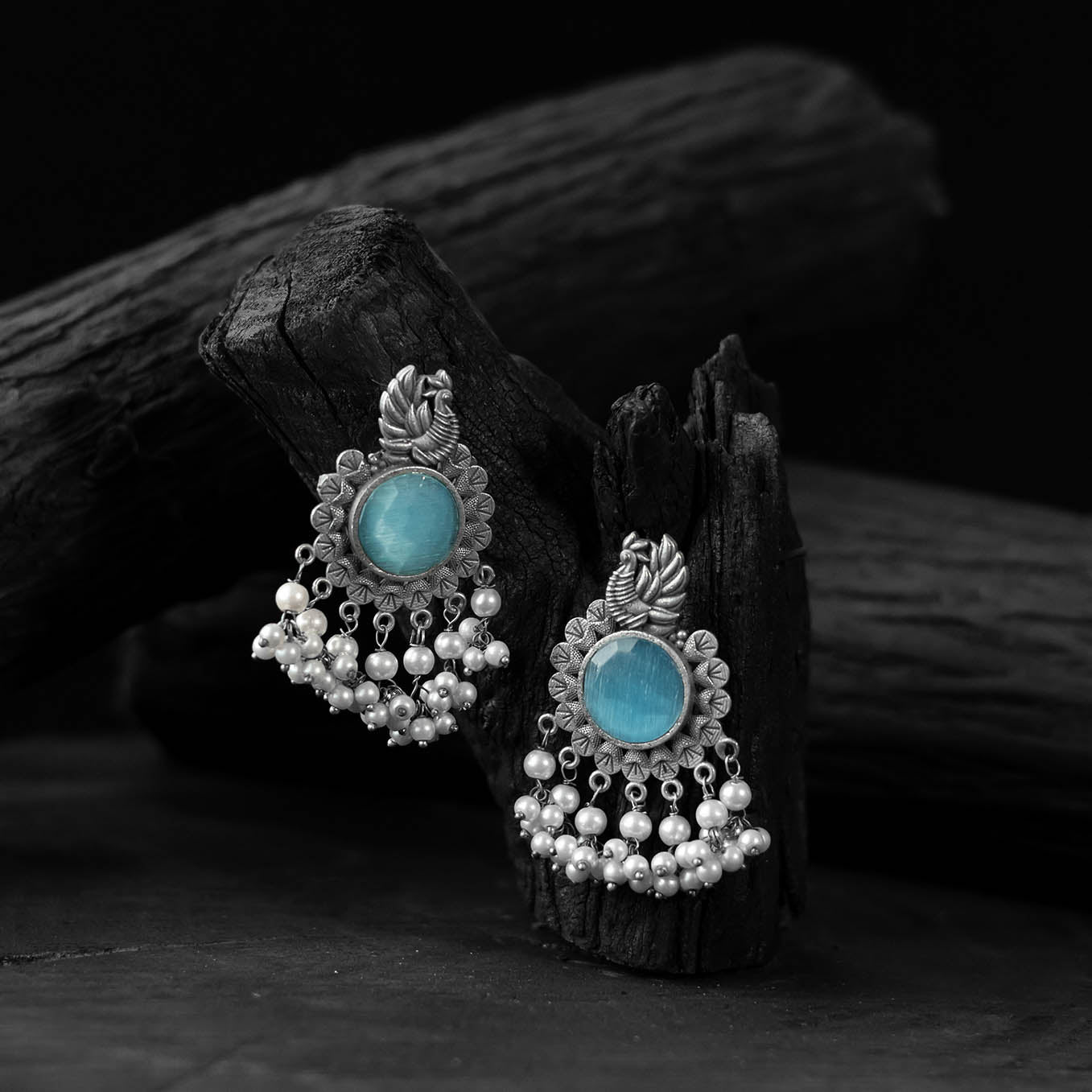 Saanjh Bela Mayura Sky Blue Oxidised Earrings