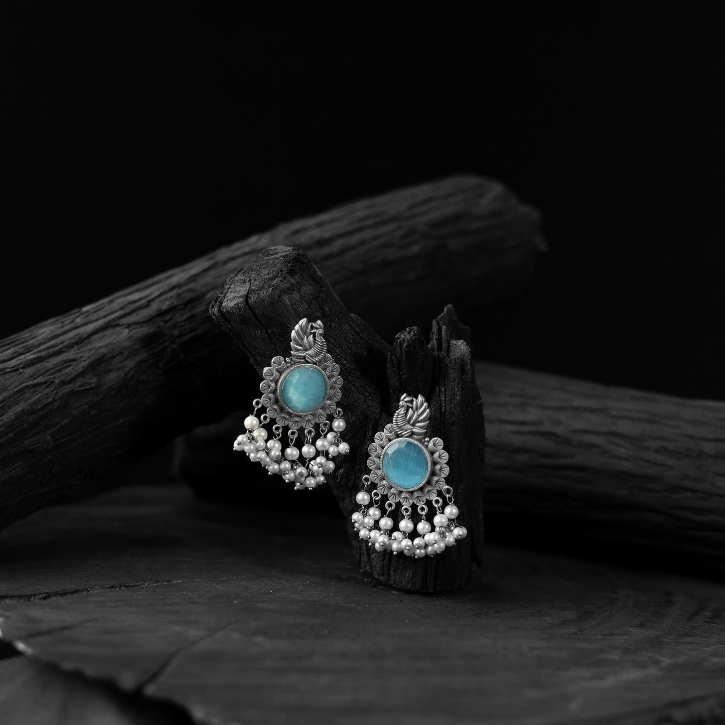 Saanjh Bela Mayura Sky Blue Oxidised Earrings