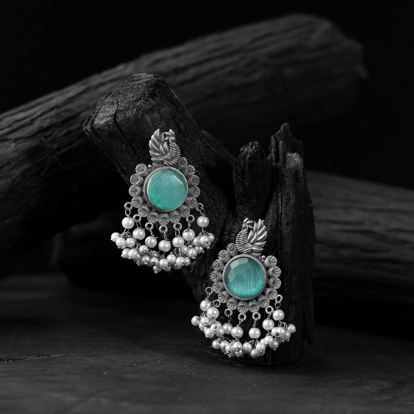 Saanjh Bela Mayura Teal Green Oxidised Earrings