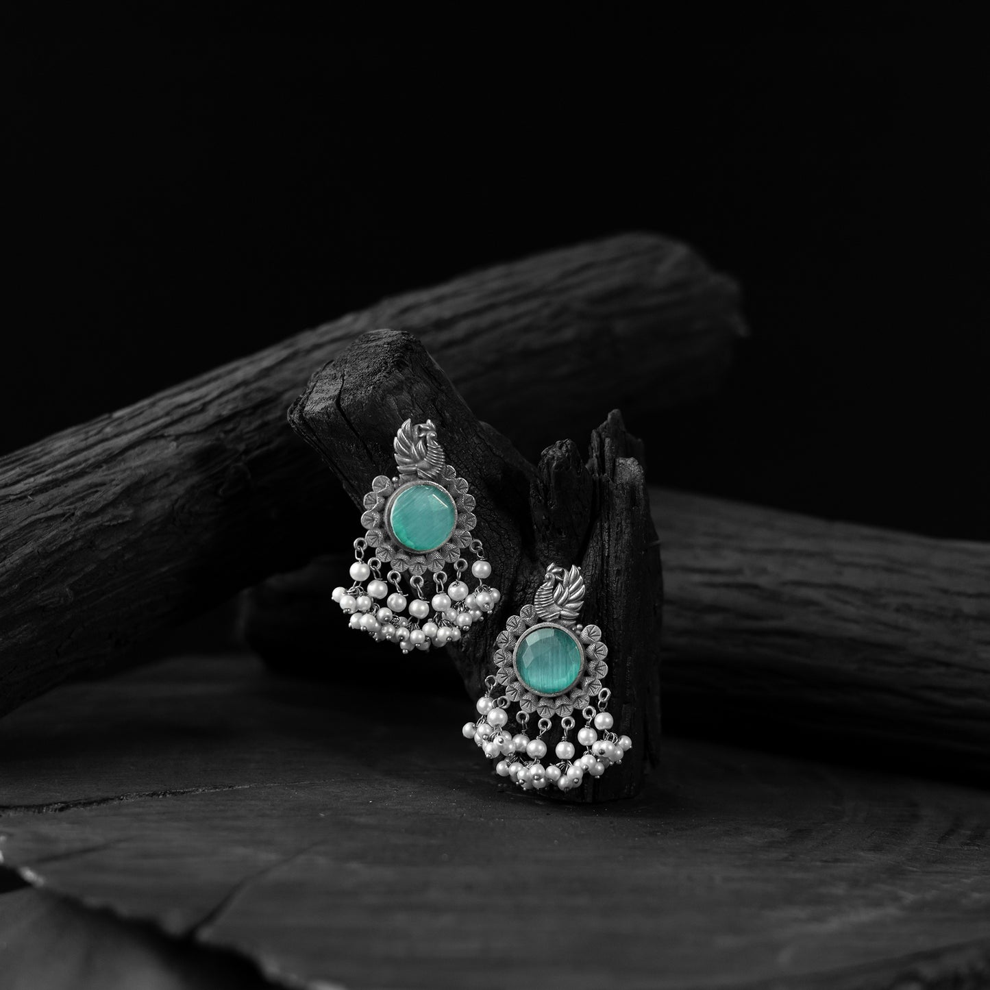 Saanjh Bela Mayura Teal Green Oxidised Earrings