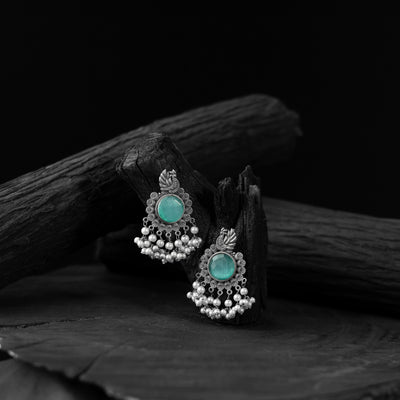 Saanjh Bela Mayura Teal Green Oxidised Earrings