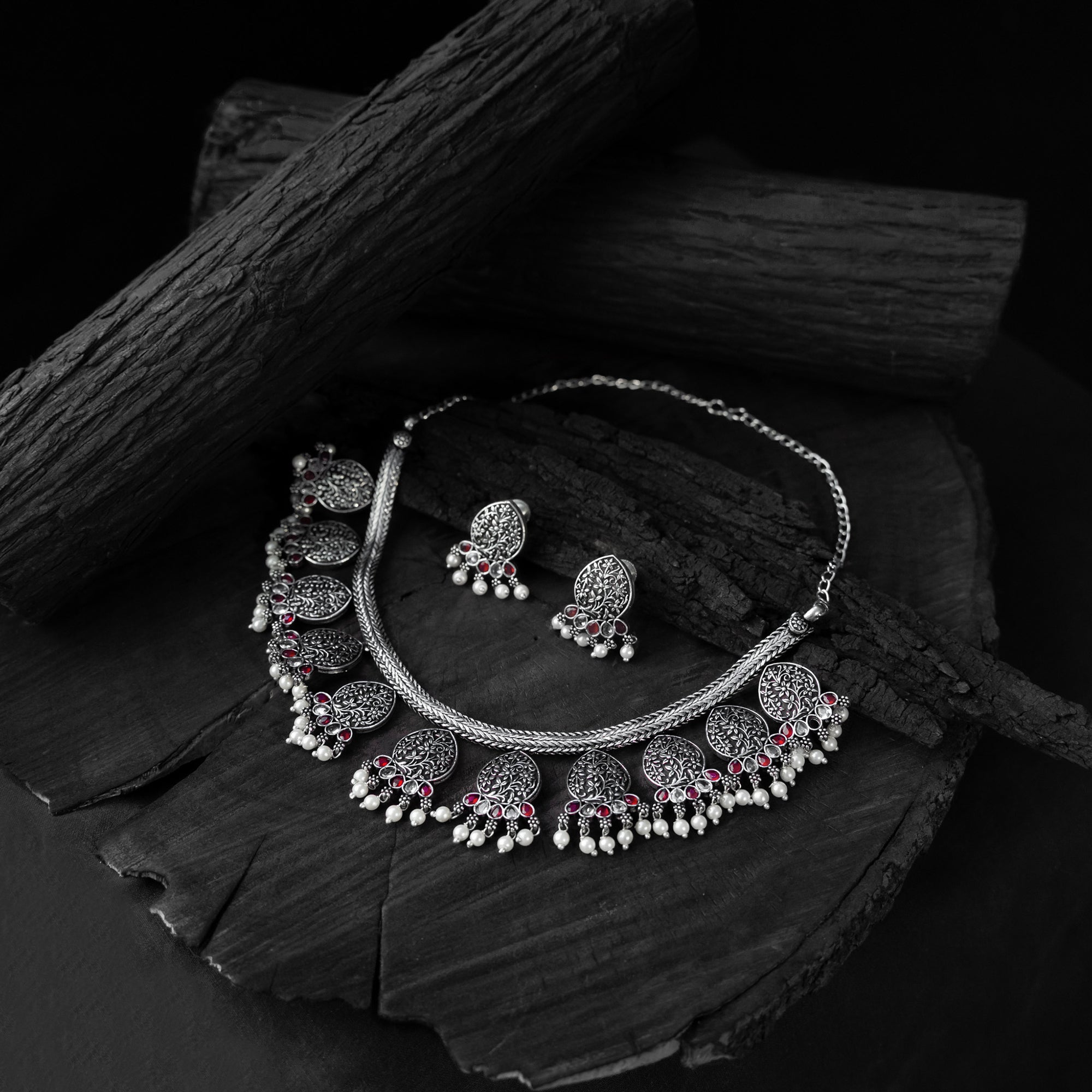 Pink Floral Saanjh Bela Oxidised Necklace Set