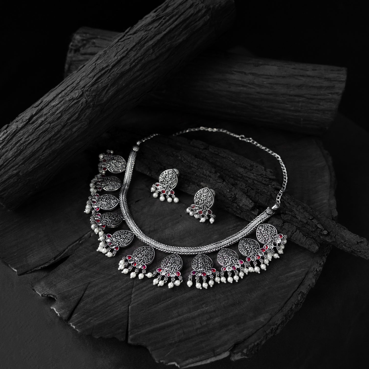 Pink Floral Saanjh Bela Oxidised Necklace Set