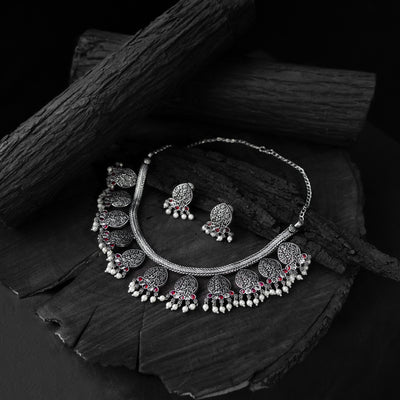 Pink Floral Saanjh Bela Oxidised Necklace Set