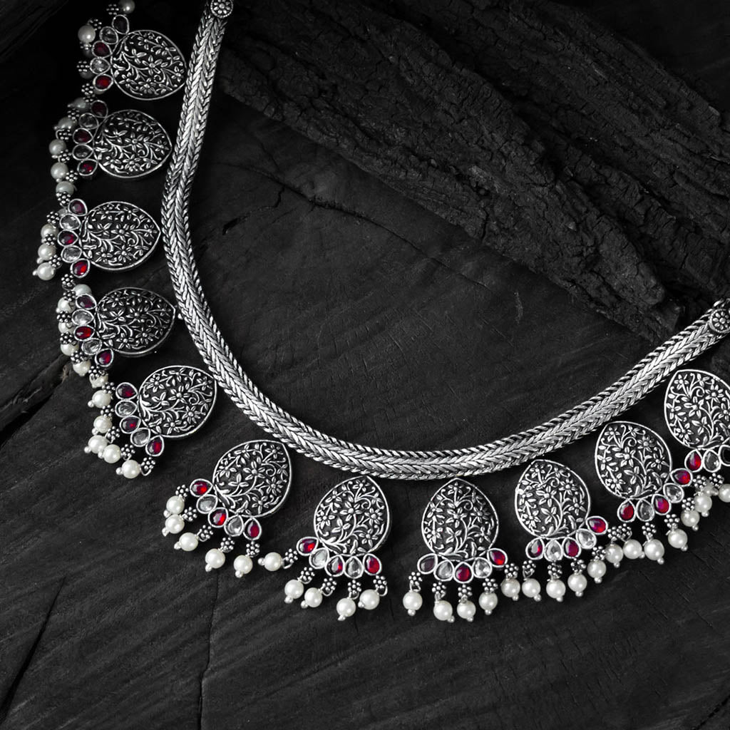Pink Floral Saanjh Bela Oxidised Necklace Set