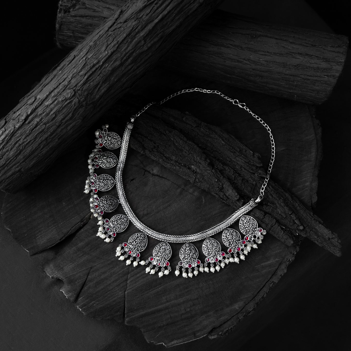 Pink Floral Saanjh Bela Oxidised Necklace Set