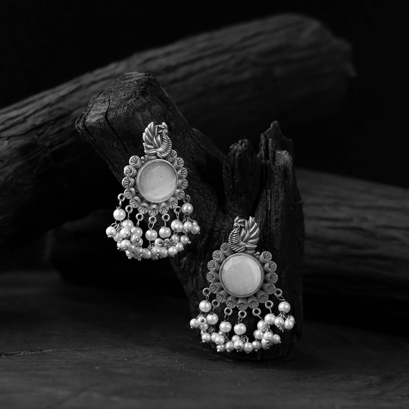 Saanjh Bela Mayura White Oxidised Earrings