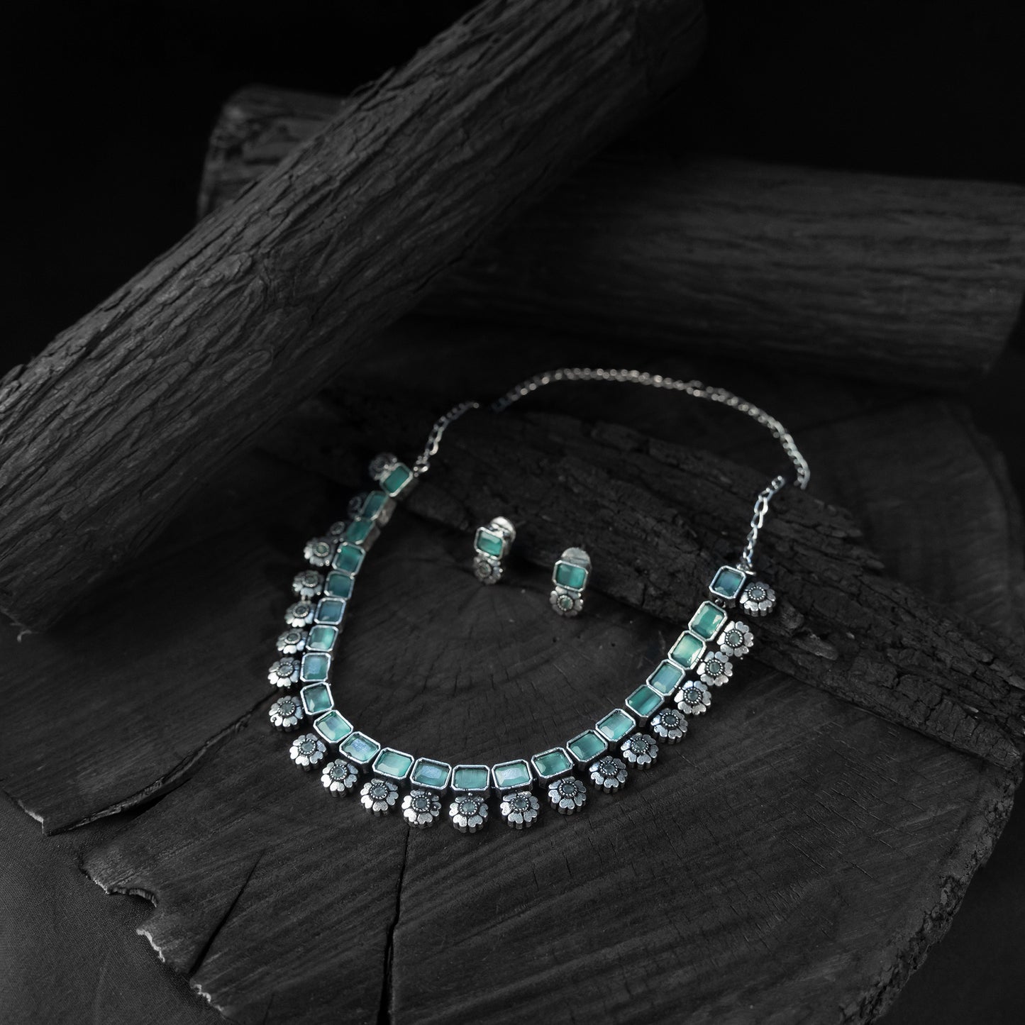 Saanjh Bela Sea Green Blossom Oxidised Necklace Set