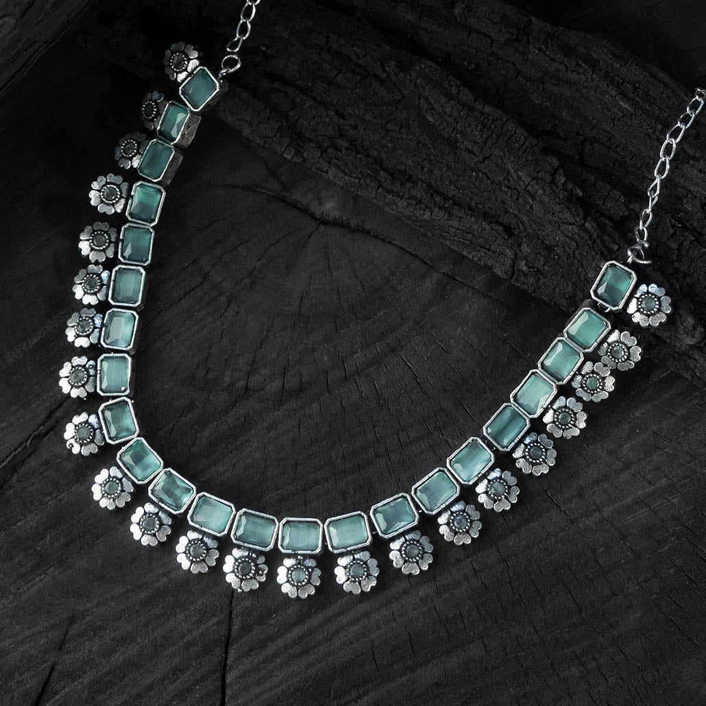 Saanjh Bela Sea Green Blossom Oxidised Necklace Set