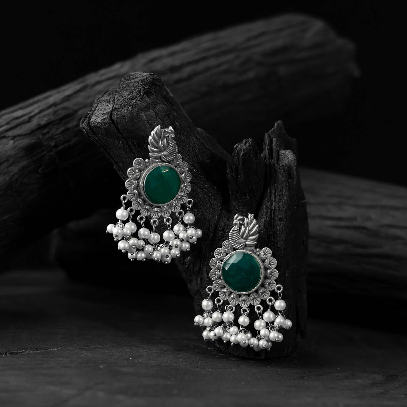 Saanjh Bela Green Mayura Oxidised Earrings