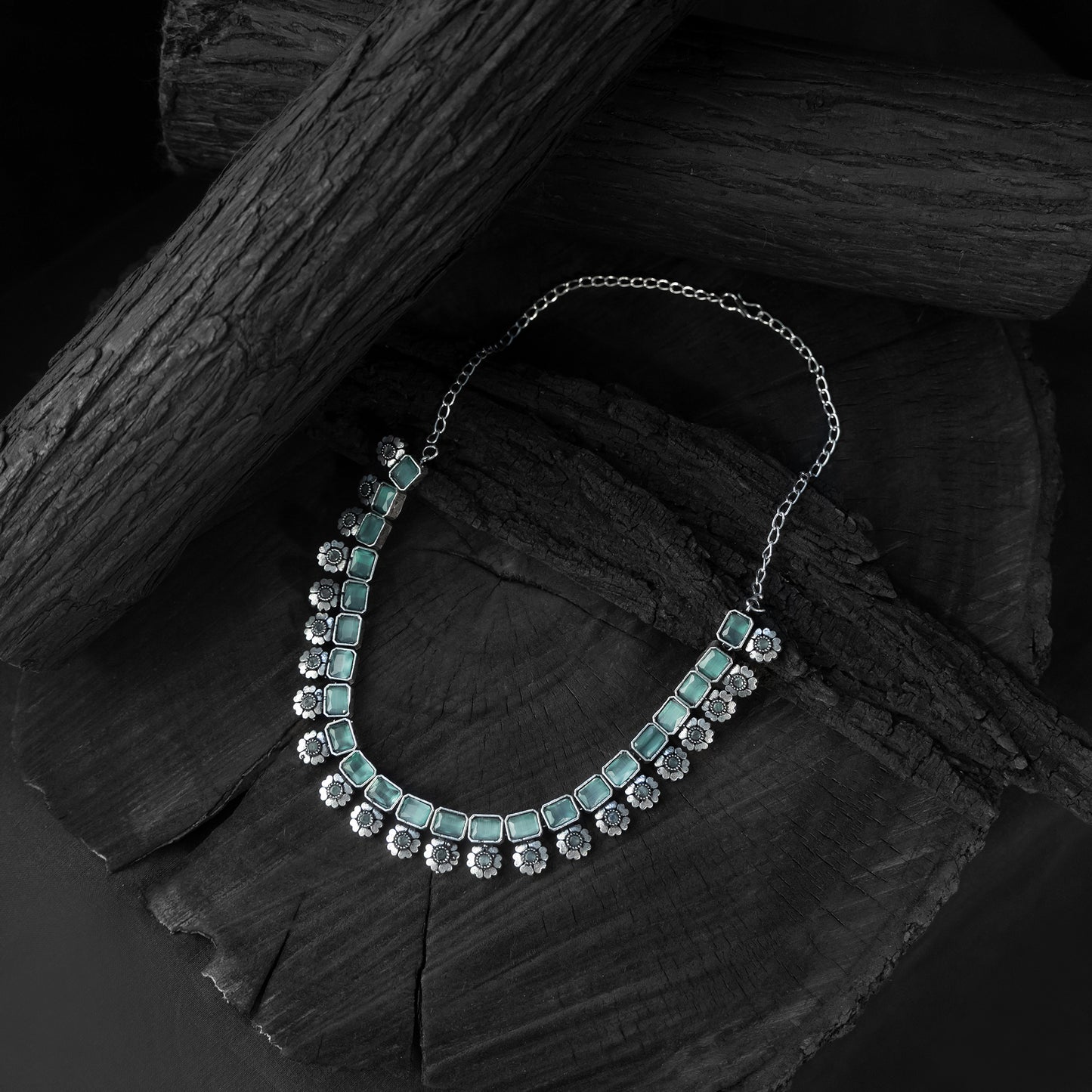 Saanjh Bela Sea Green Blossom Oxidised Necklace Set