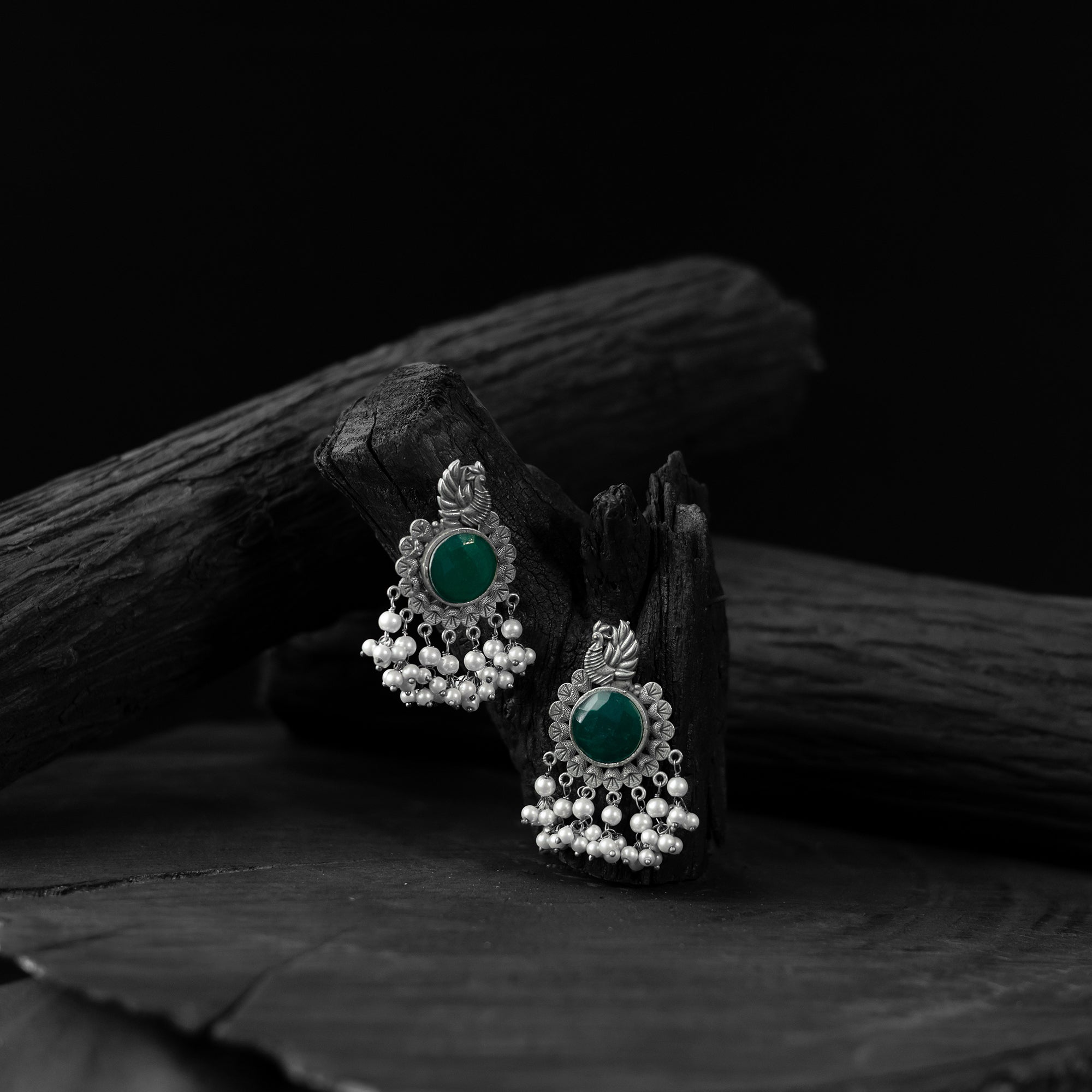 Saanjh Bela Green Mayura Oxidised Earrings