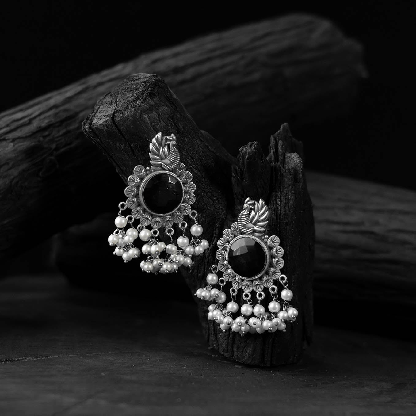 Saanjh Bela Black Mayura Oxidised Earrings
