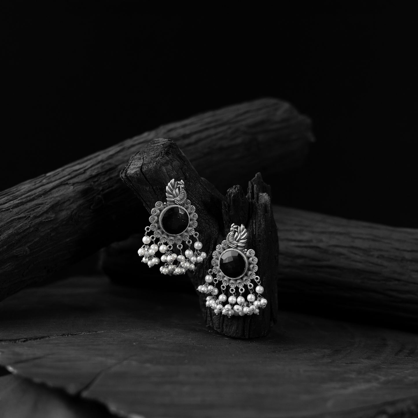 Saanjh Bela Black Mayura Oxidised Earrings