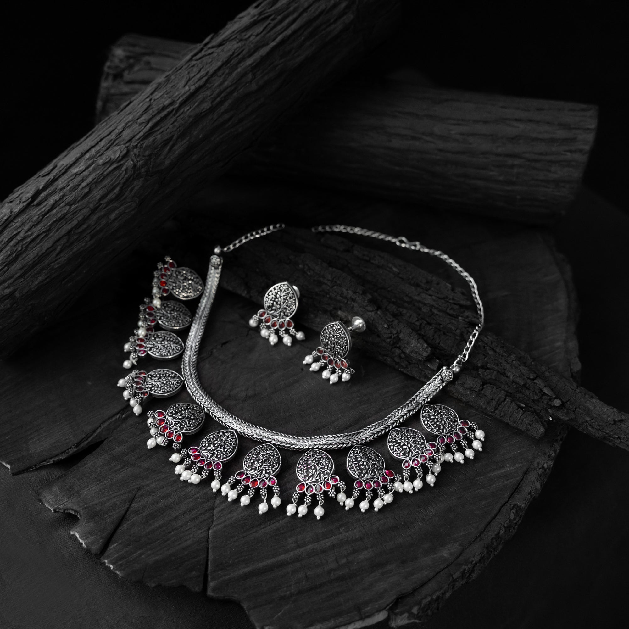 Pink Saanjh Bela Floral Oxidised Necklace Set