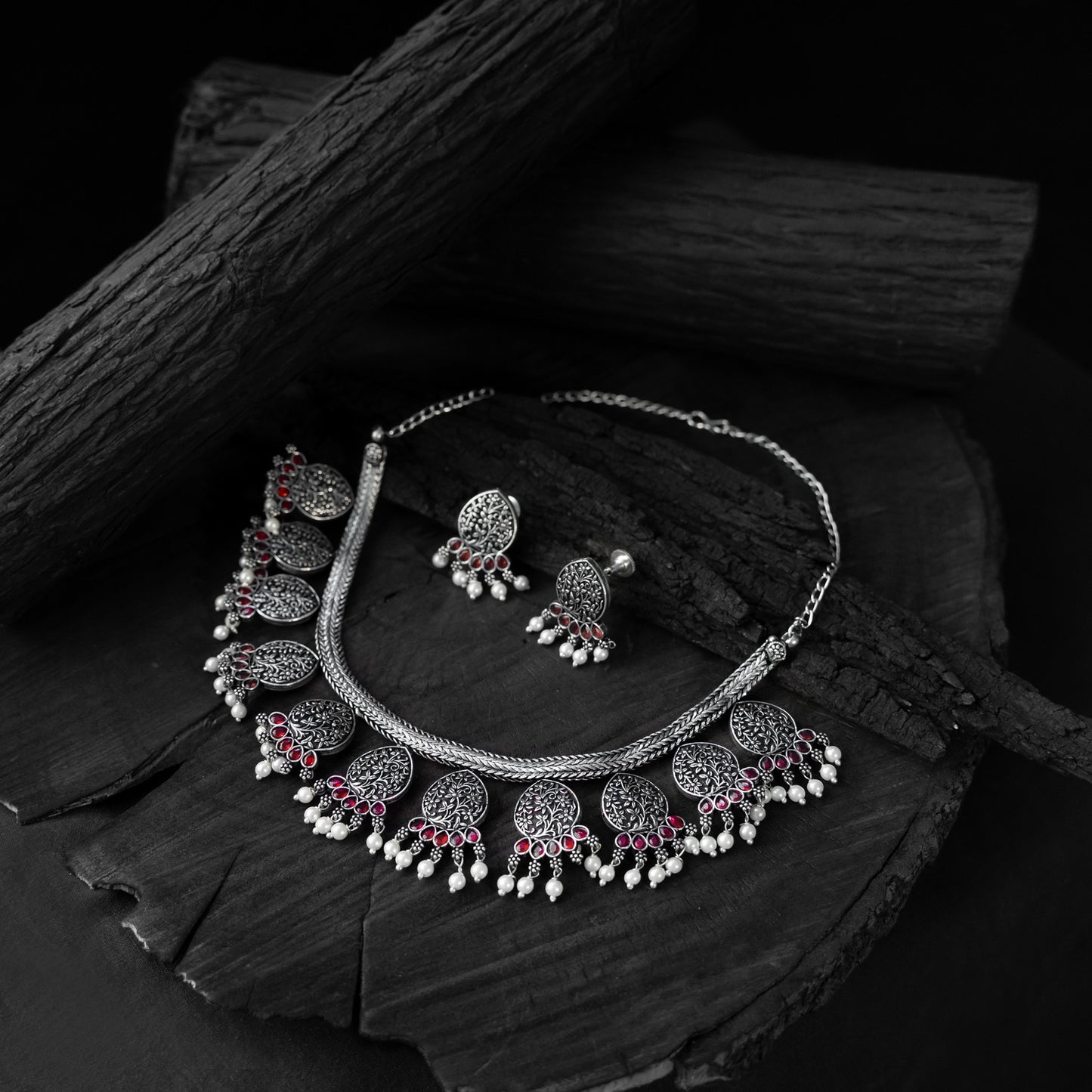 Pink Saanjh Bela Floral Oxidised Necklace Set