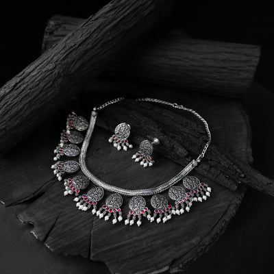 Pink Saanjh Bela Floral Oxidised Necklace Set