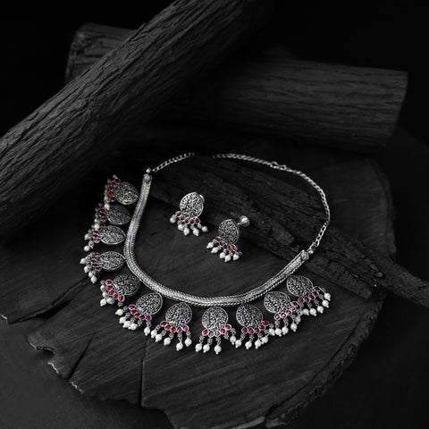 Pink Saanjh Bela Floral Oxidised Necklace Set