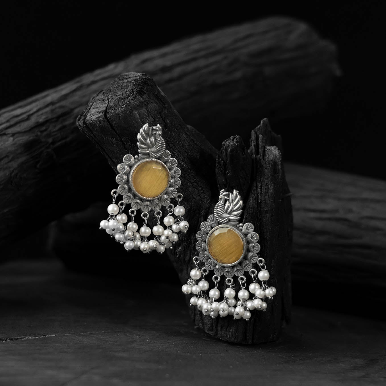Saanjh Bela Yellow Mayura Oxidised Earrings