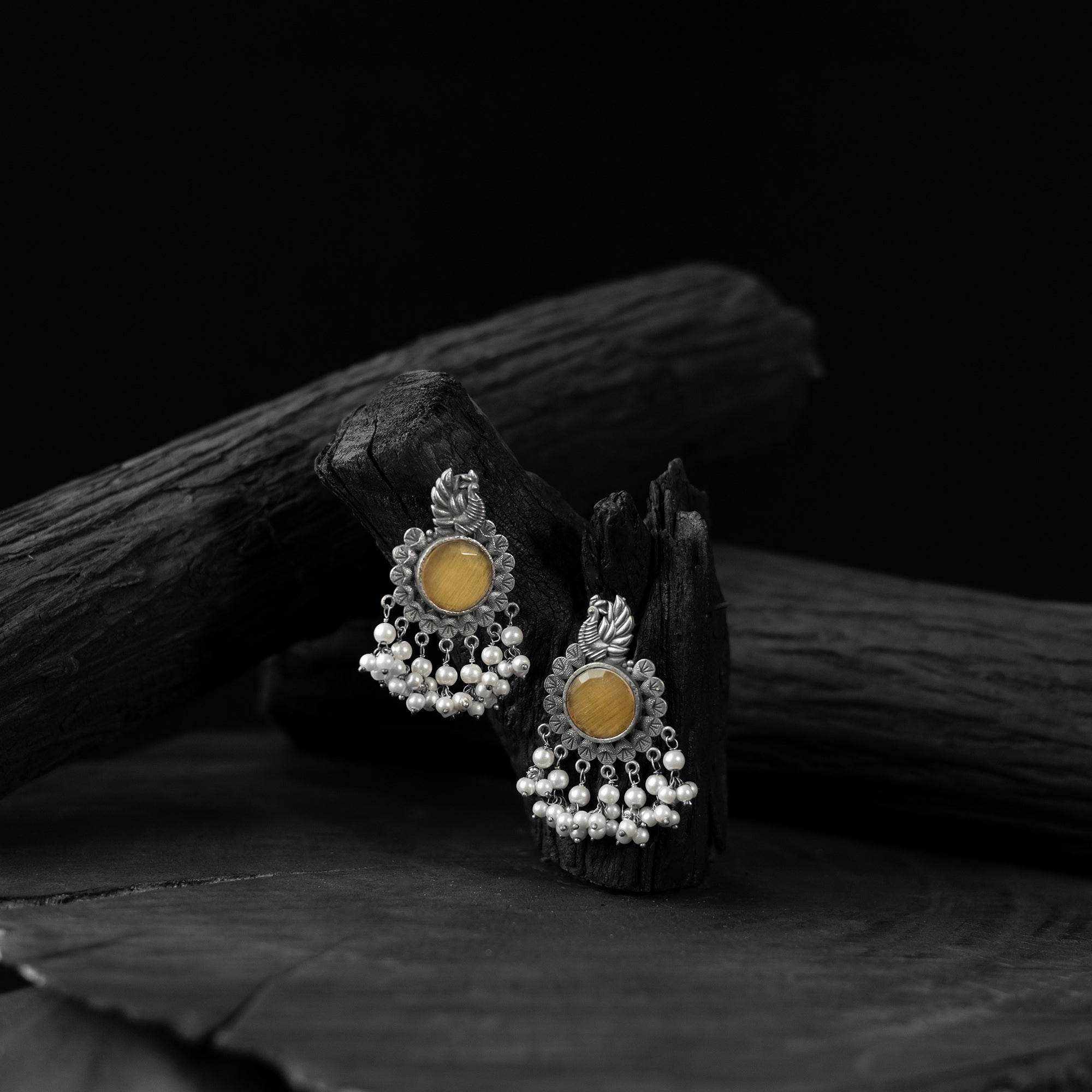 Saanjh Bela Yellow Mayura Oxidised Earrings