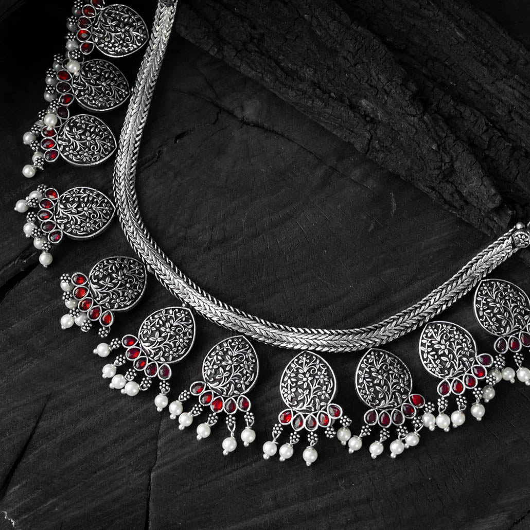Pink Saanjh Bela Floral Oxidised Necklace Set