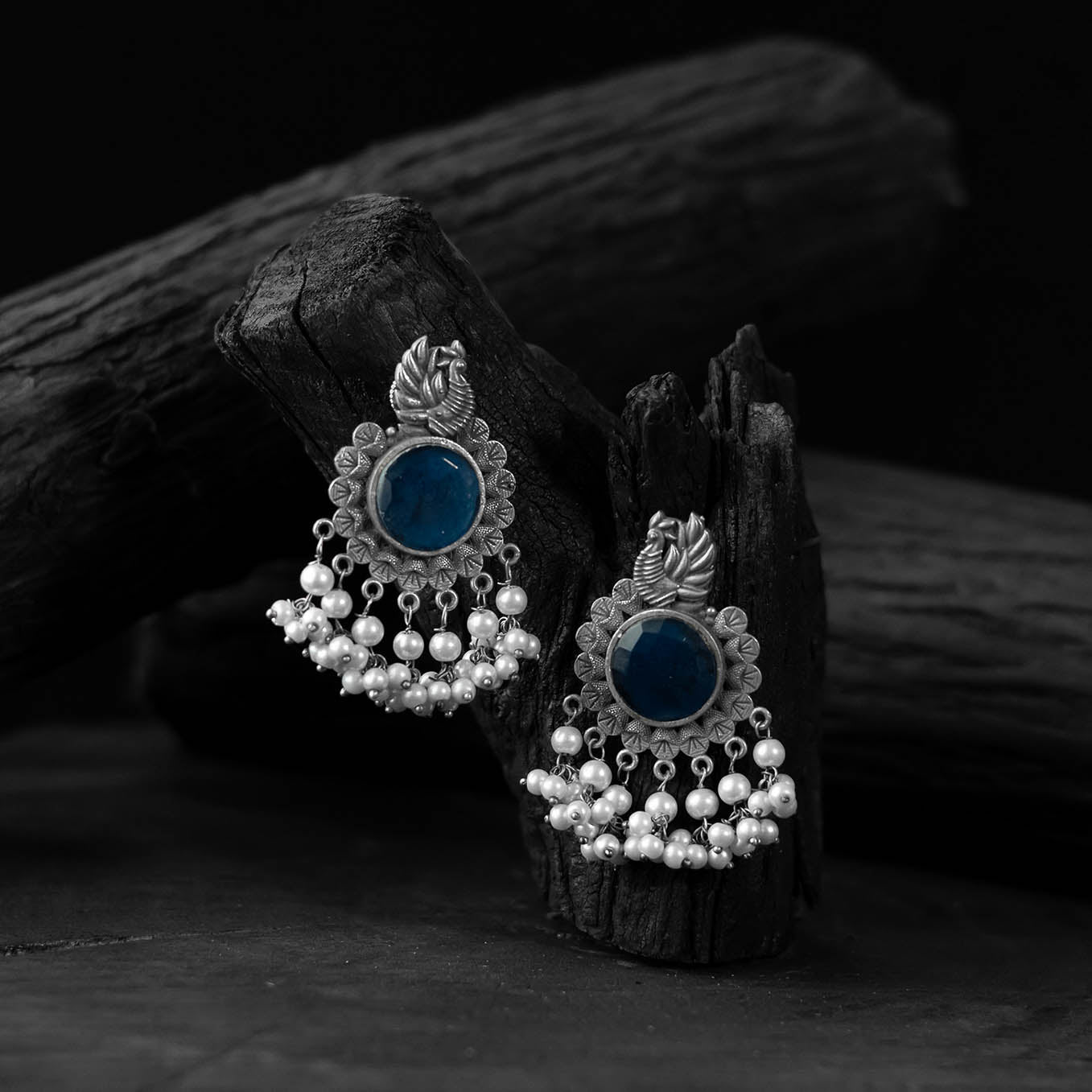 Saanjh Bela Blue Mayura Oxidised Earrings