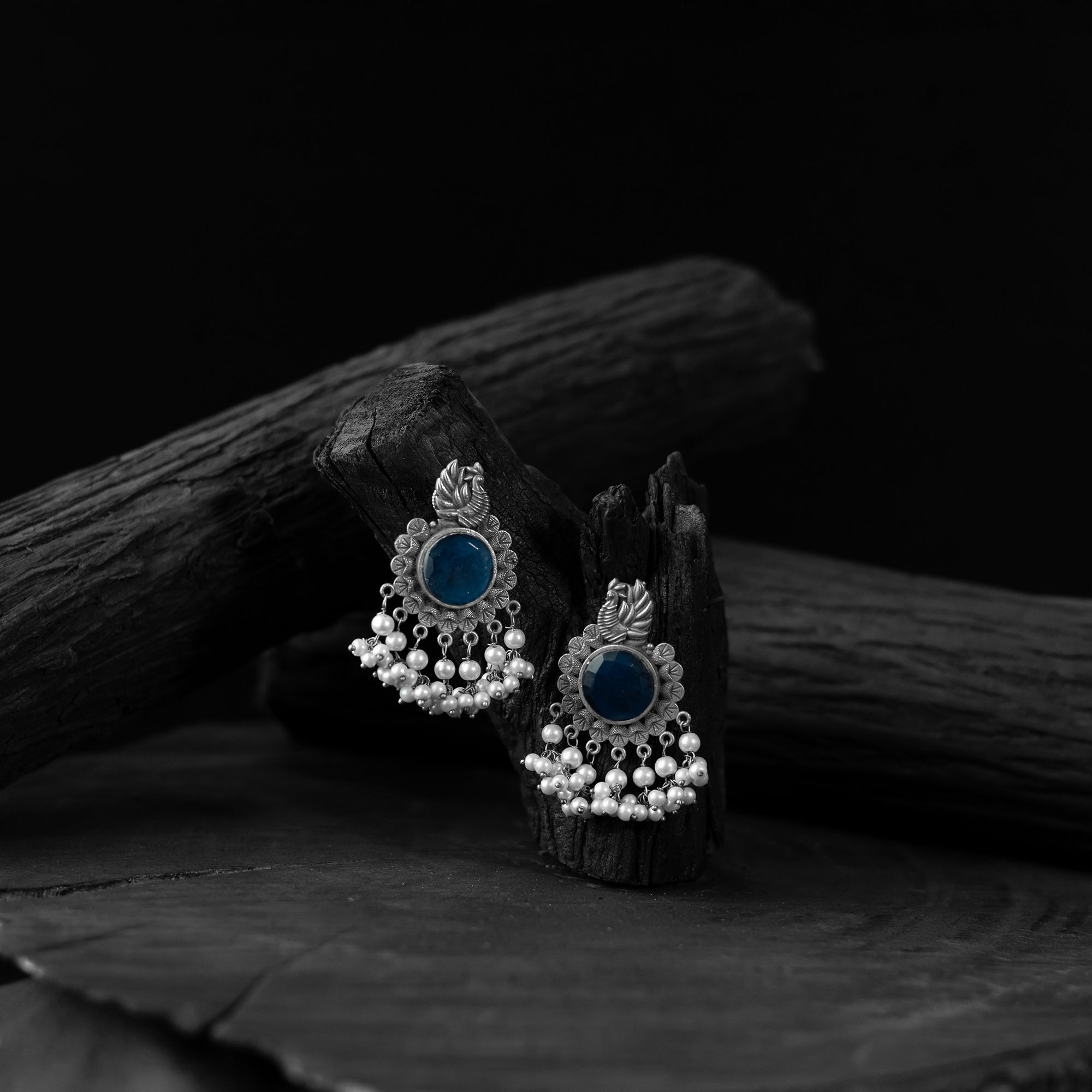 Saanjh Bela Blue Mayura Oxidised Earrings