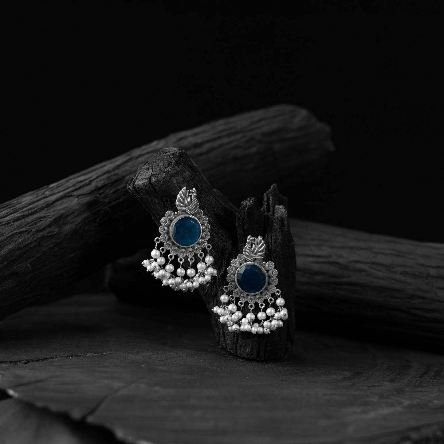Saanjh Bela Blue Mayura Oxidised Earrings