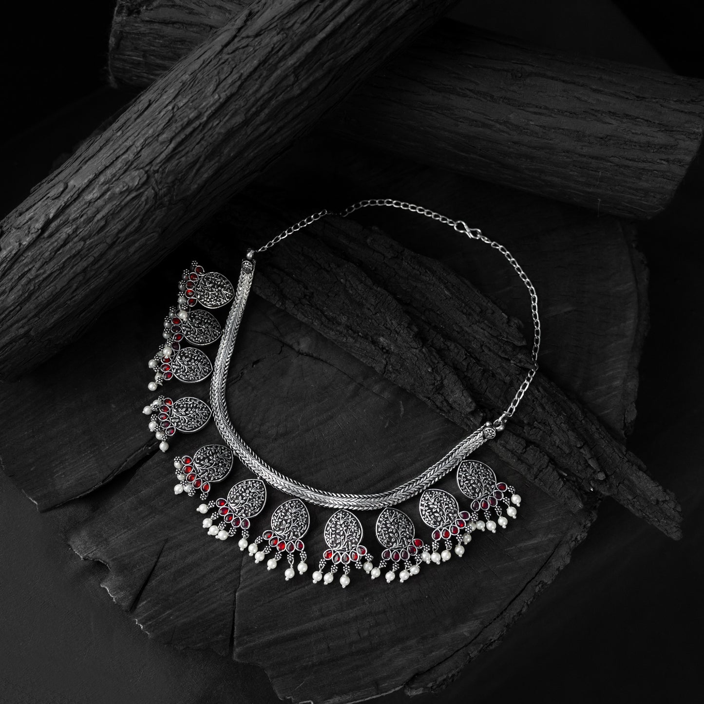Pink Saanjh Bela Floral Oxidised Necklace Set