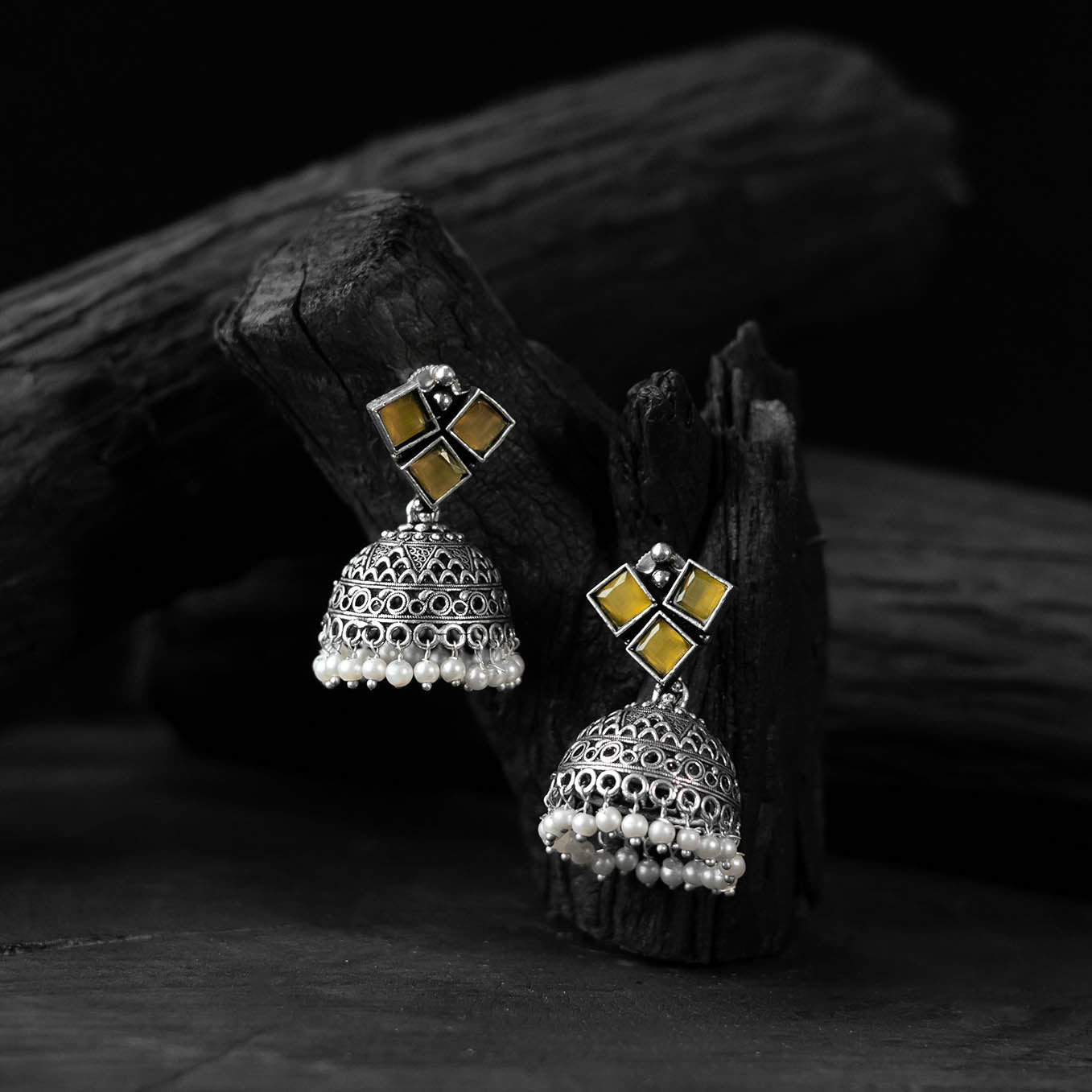 Saanjh Bela Yellow Square Oxidised Jhumka Earrings