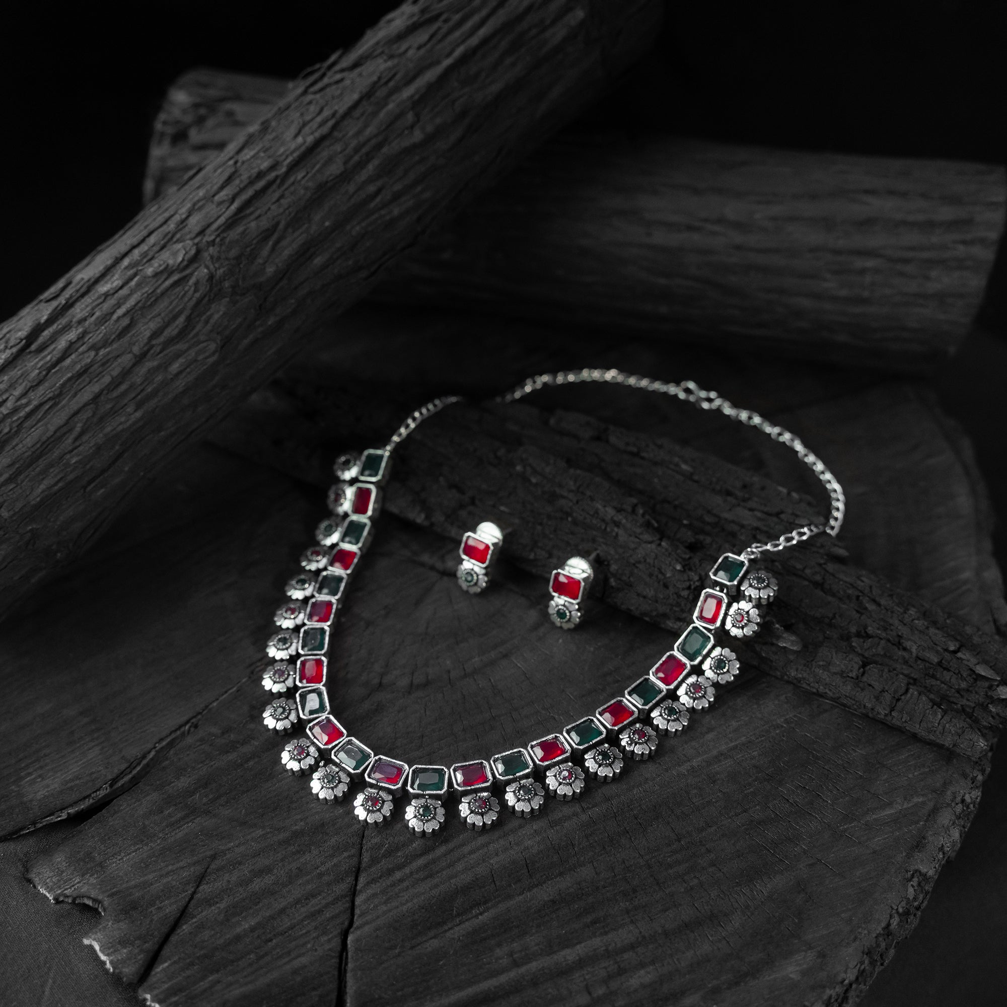 Saanjh Bela Green & Ruby Blossom Oxidised Necklace Set