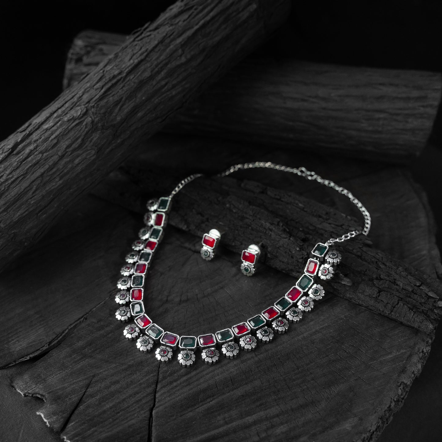 Saanjh Bela Green & Ruby Blossom Oxidised Necklace Set
