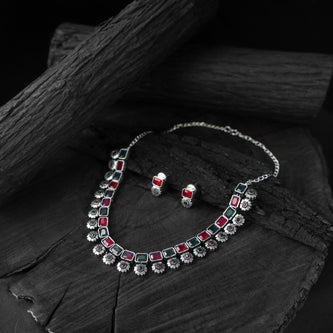Saanjh Bela Green & Ruby Blossom Oxidised Necklace Set