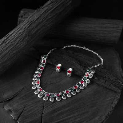 Saanjh Bela Green & Ruby Blossom Oxidised Necklace Set