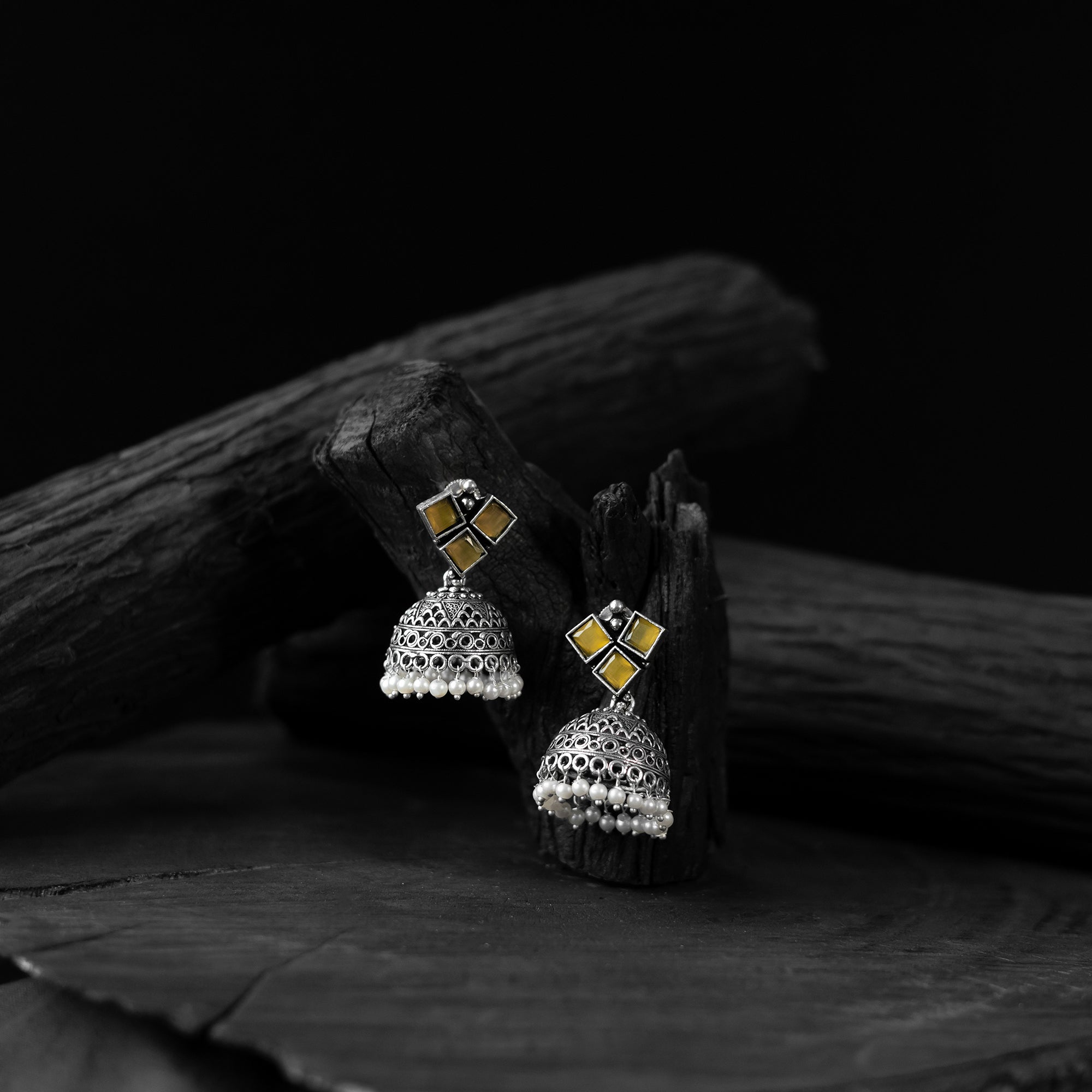 Saanjh Bela Yellow Square Oxidised Jhumka Earrings