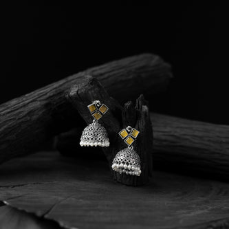 Saanjh Bela Yellow Square Oxidised Jhumka Earrings