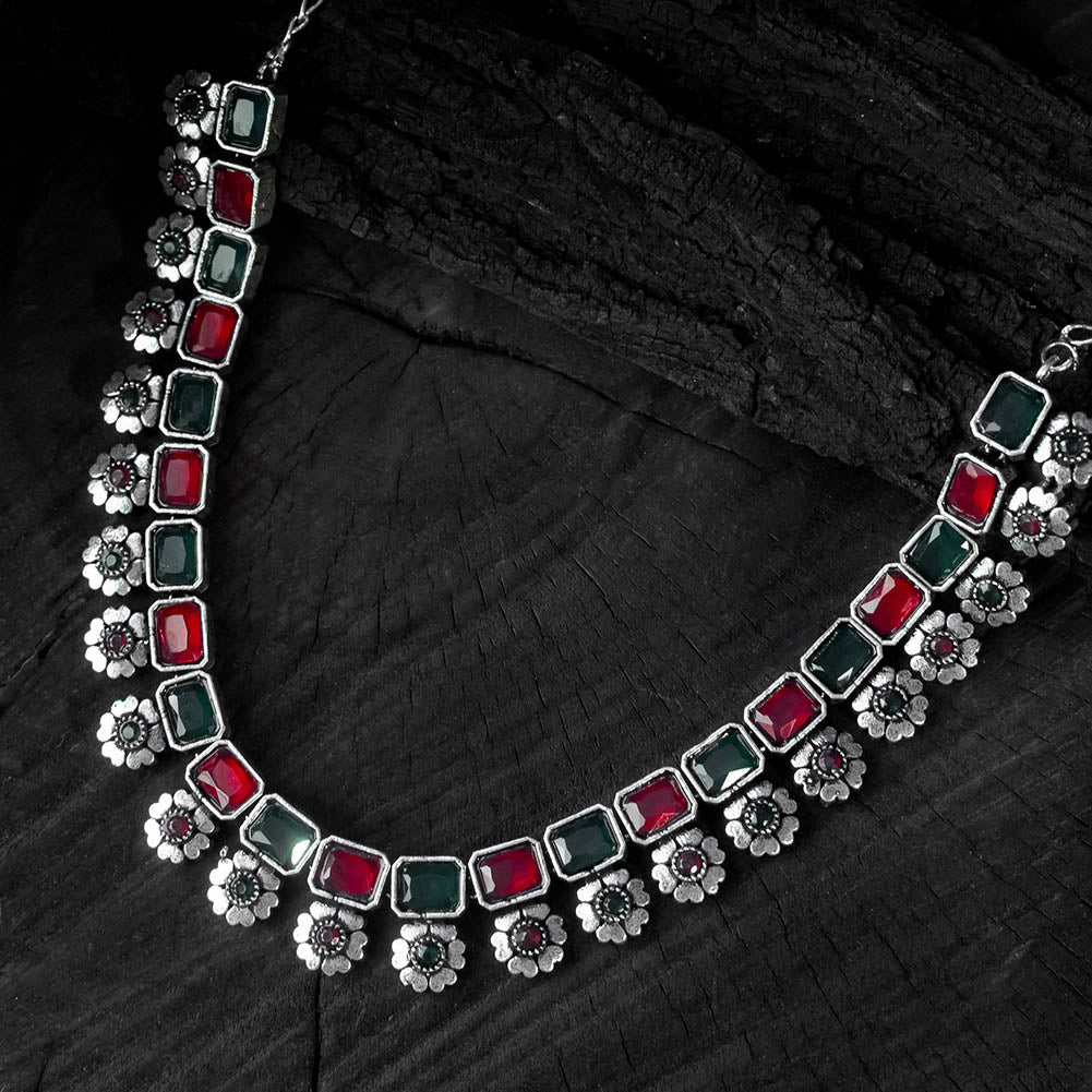 Saanjh Bela Green & Ruby Blossom Oxidised Necklace Set