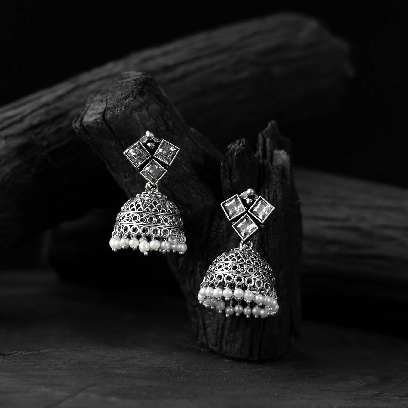 Saanjh Bela Square Oxidised Jhumka Earrings