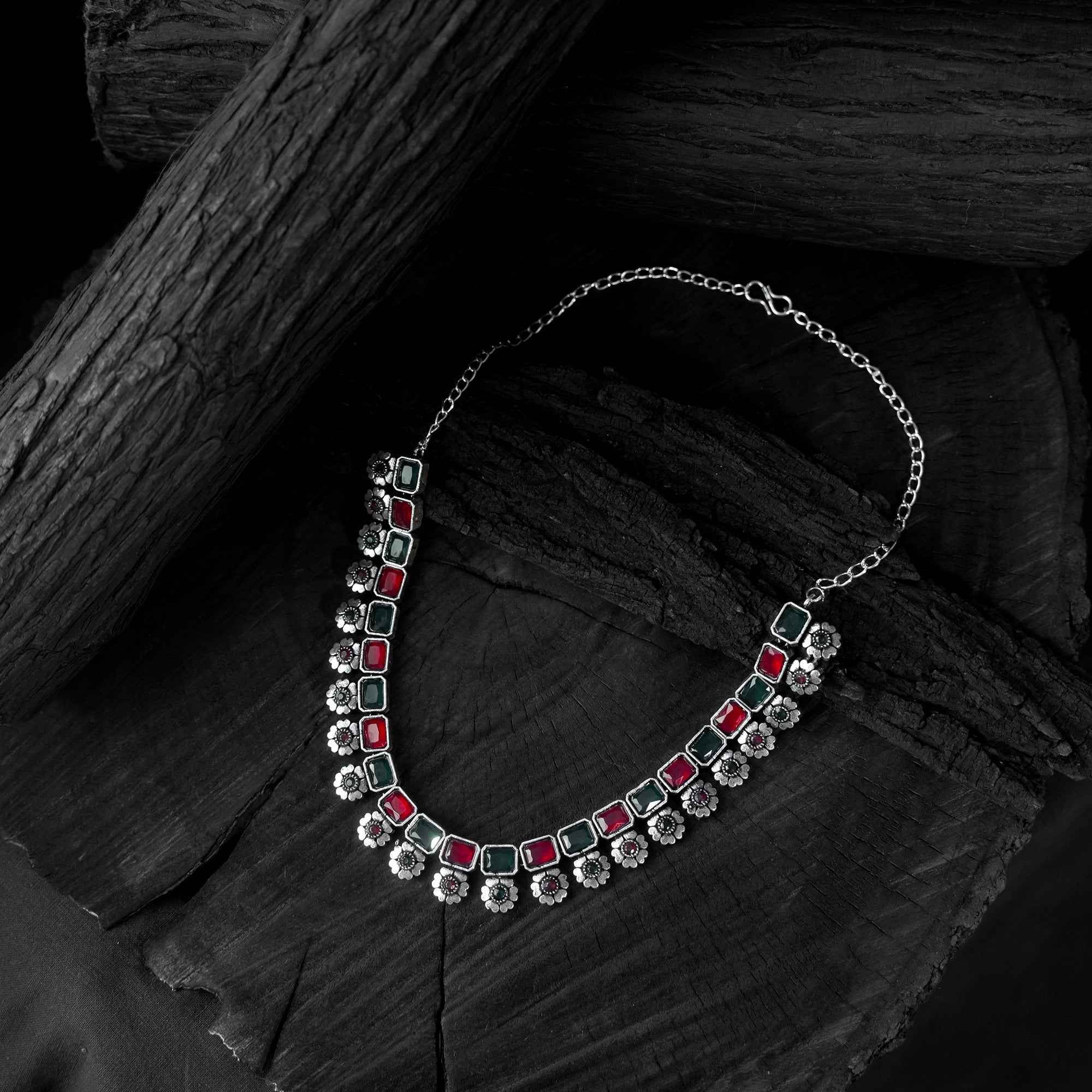 Saanjh Bela Green & Ruby Blossom Oxidised Necklace Set