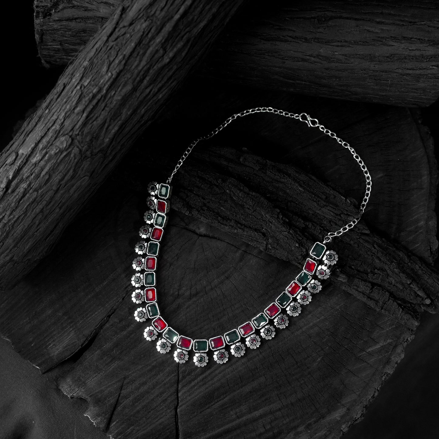 Saanjh Bela Green & Ruby Blossom Oxidised Necklace Set
