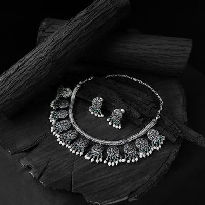 Green Floral Saanjh Bela Oxidised Necklace Set