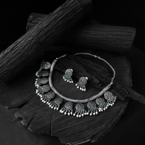 Green Floral Saanjh Bela Oxidised Necklace Set