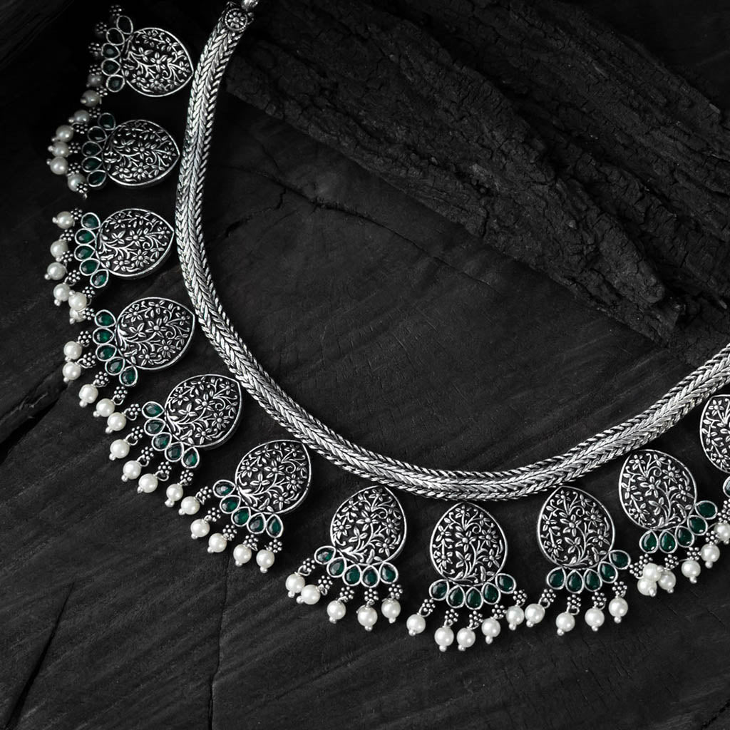 Green Floral Saanjh Bela Oxidised Necklace Set