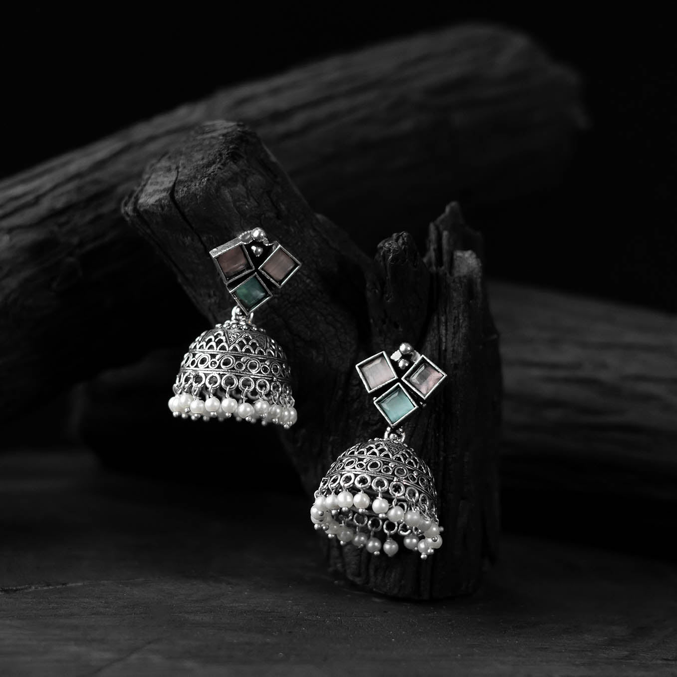 Saanjh Bela Pink & Green Square Oxidised Jhumka Earrings