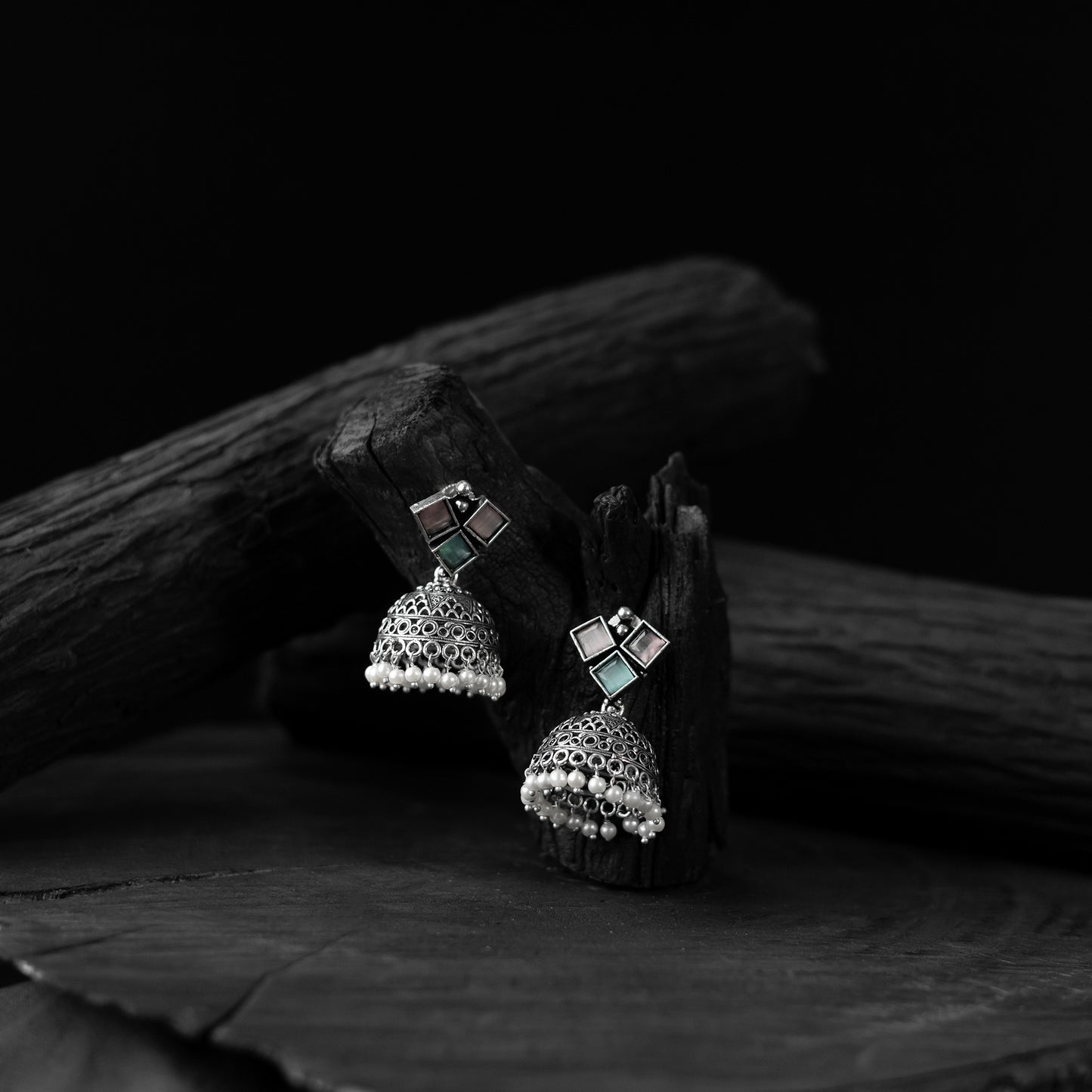 Saanjh Bela Pink & Green Square Oxidised Jhumka Earrings