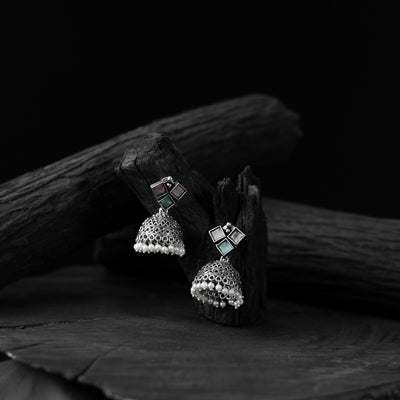 Saanjh Bela Pink & Green Square Oxidised Jhumka Earrings