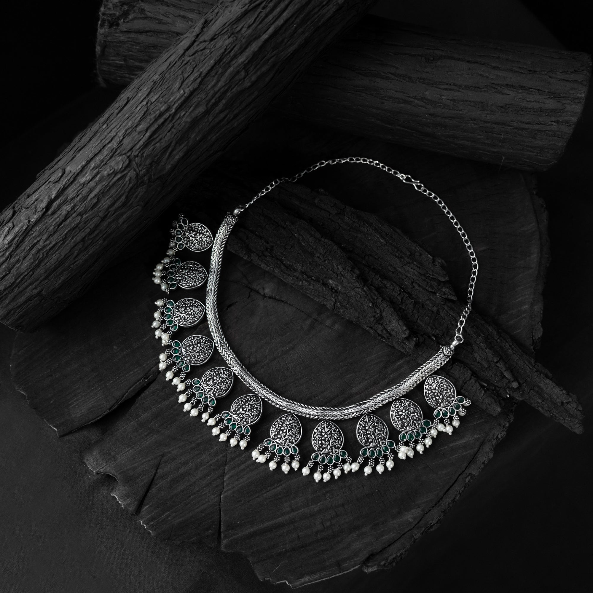 Green Floral Saanjh Bela Oxidised Necklace Set