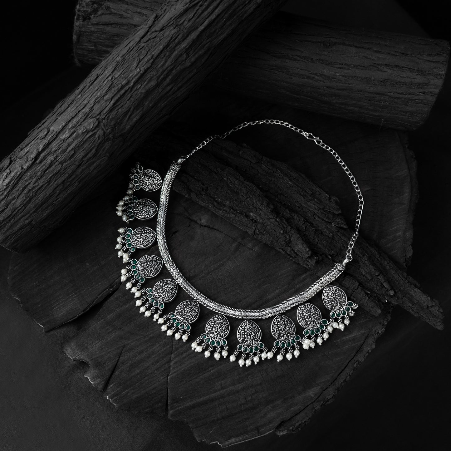 Green Floral Saanjh Bela Oxidised Necklace Set