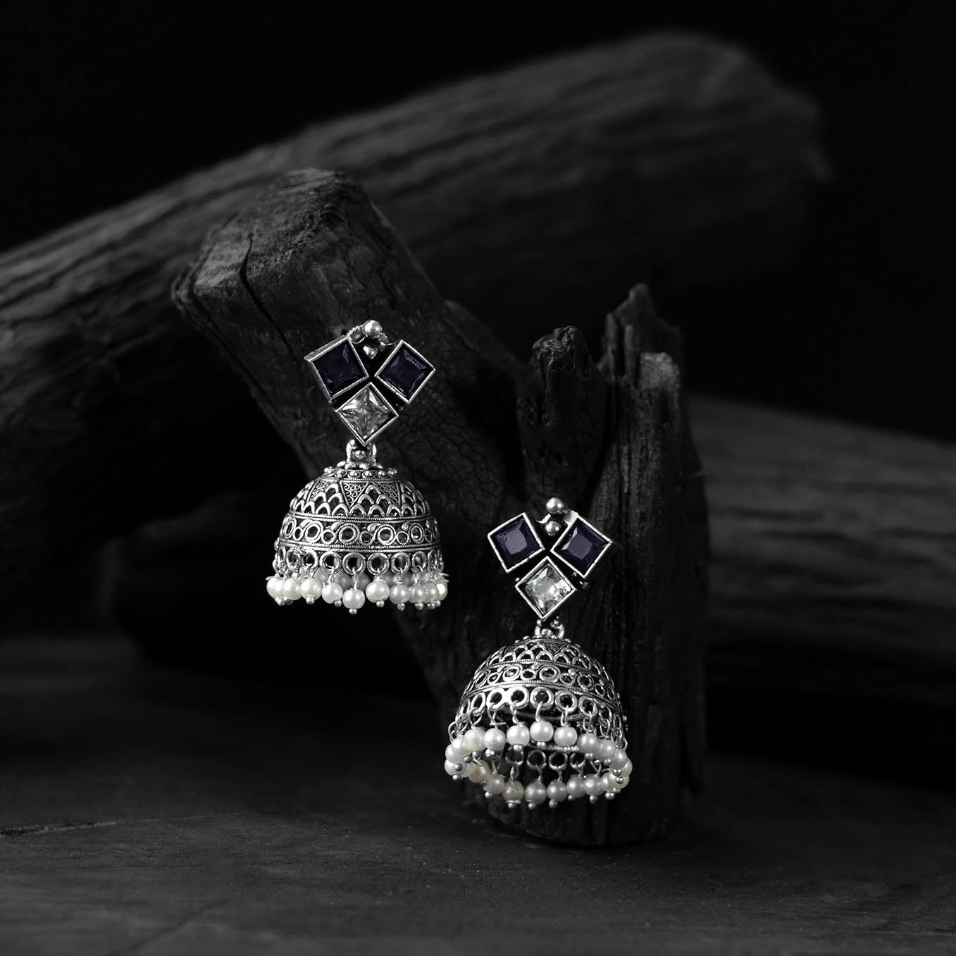 Saanjh Bela Blue Square Oxidised Jhumka Earrings