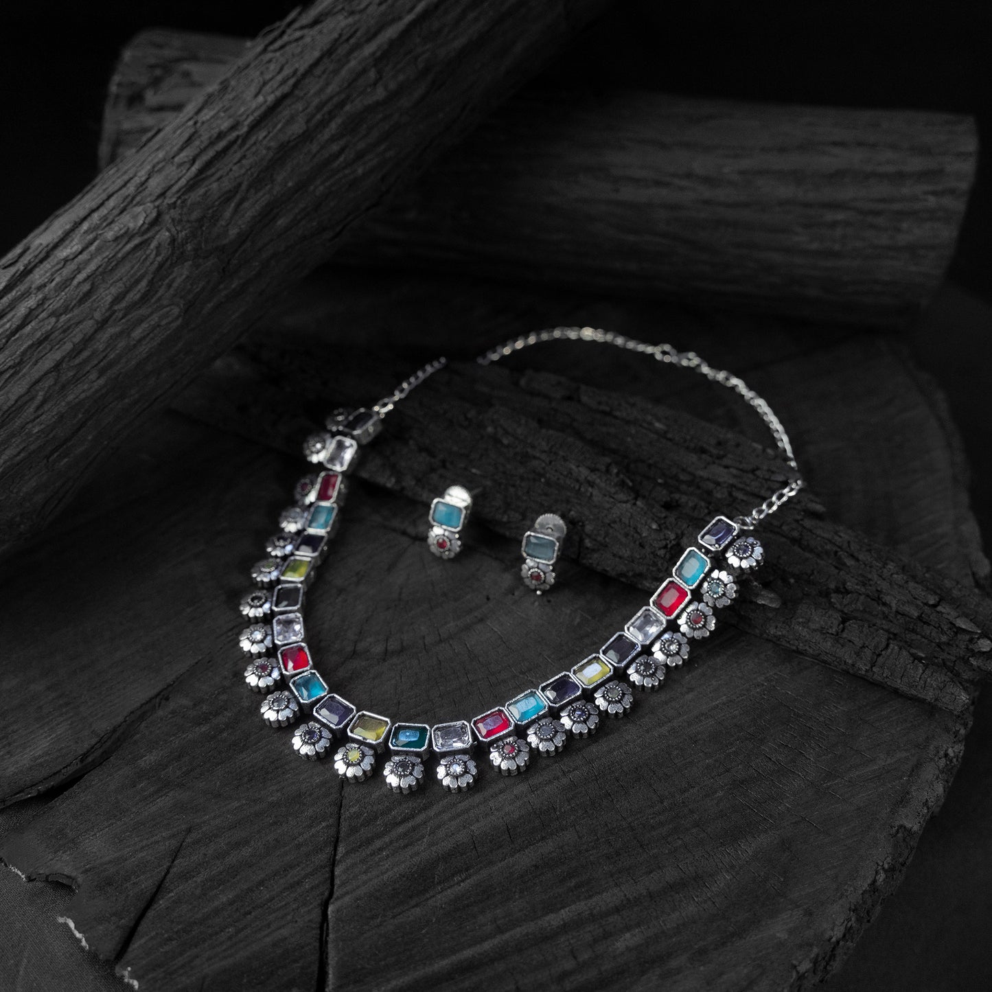 Saanjh Bela Multicolor Blossom Oxidised Necklace Set